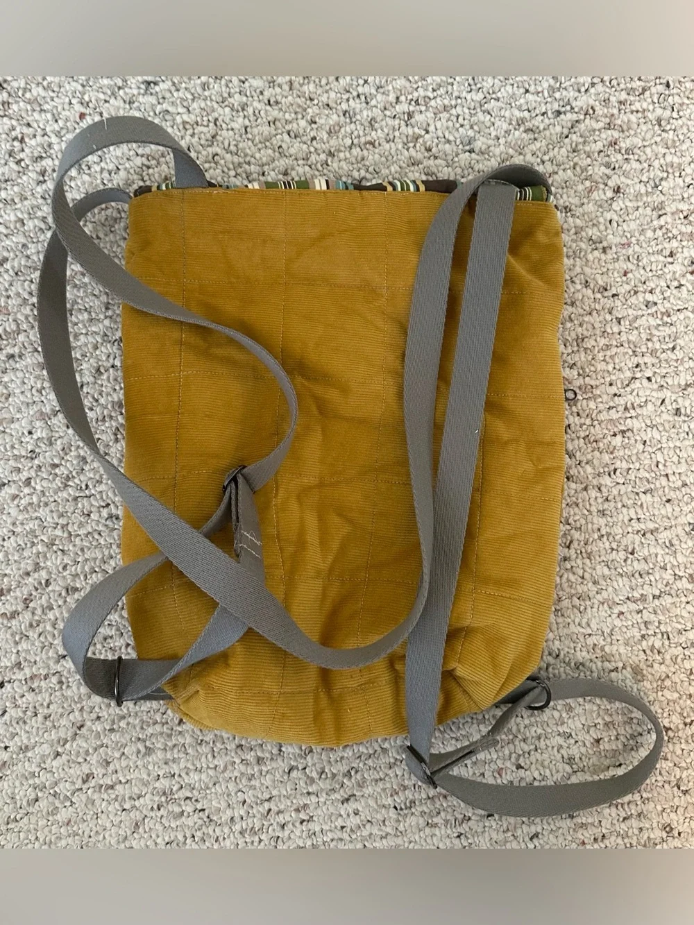 Roskasakki Mustard Corduroy Backpack with Striped Flap